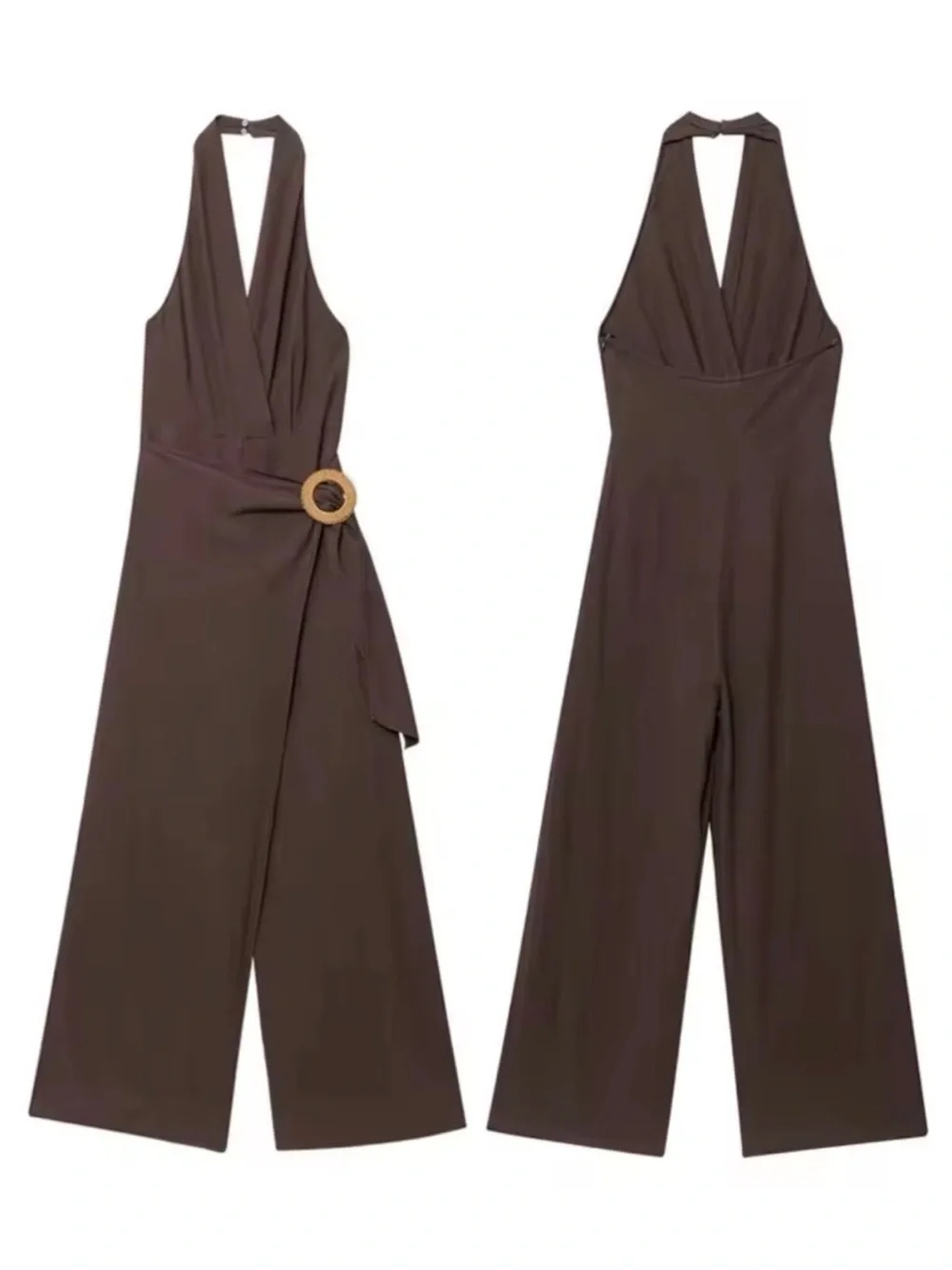 Zara Rami Jumpsuit Halterneck Crossover V-Neck Pareo w Buckle Open Back Brown L